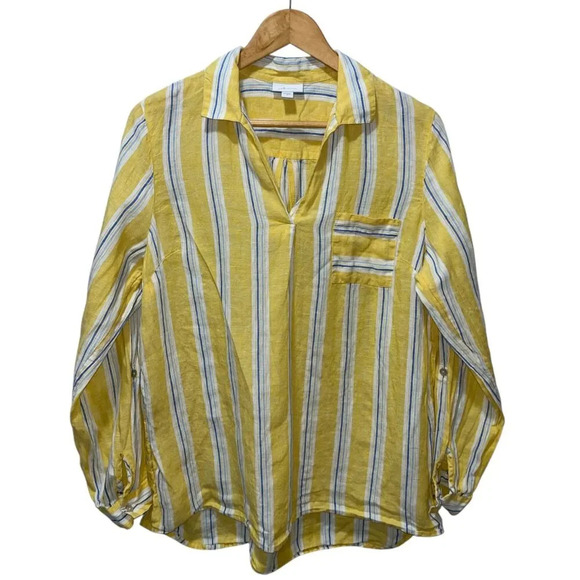 J. Jill Women's 100% Linen Striped Pullover Top Size Medium Yellow Long Sleeve - Picture 1 of 7